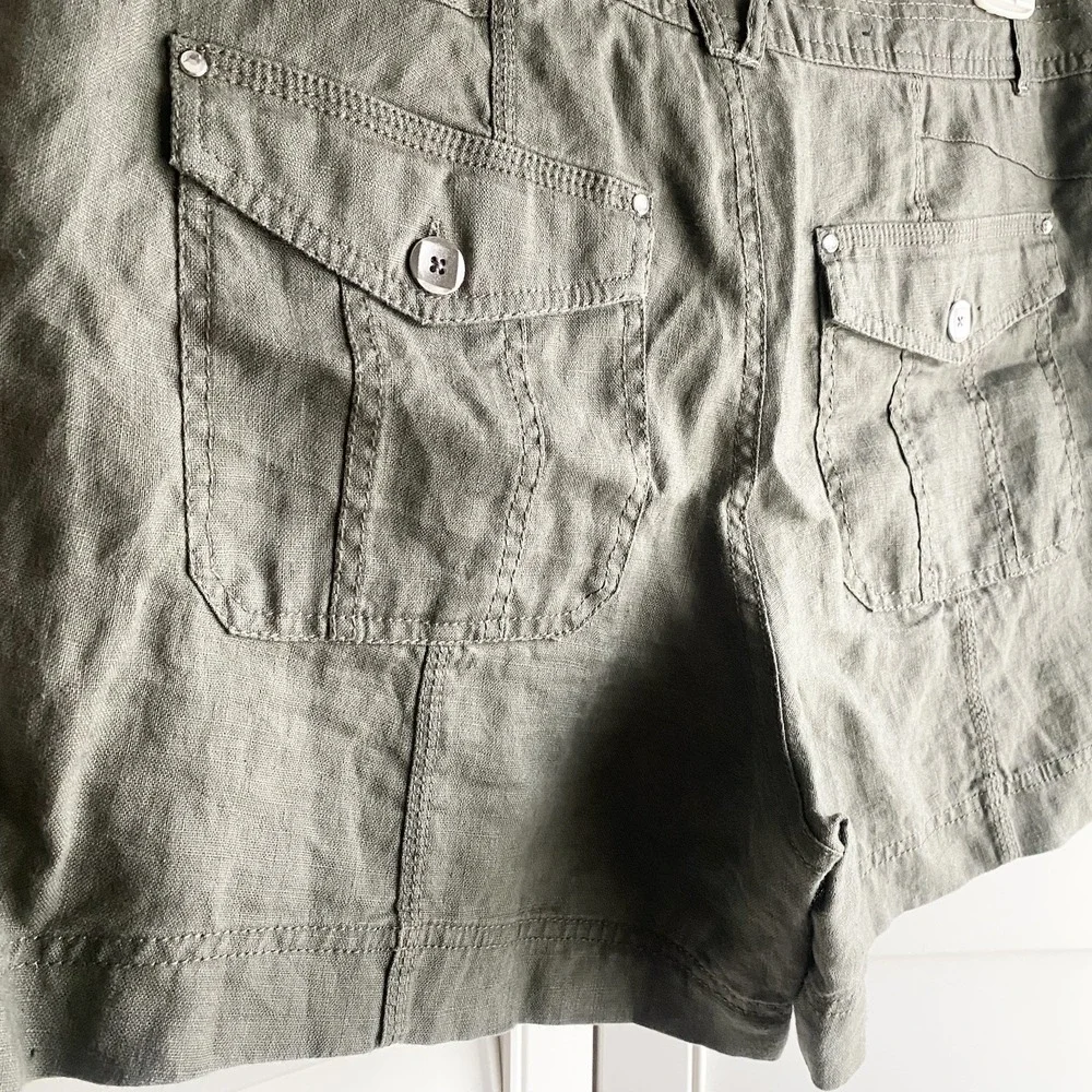 INC International Concepts Women 12 Olive‎ Green 100% Linen Shorts Rhinestone